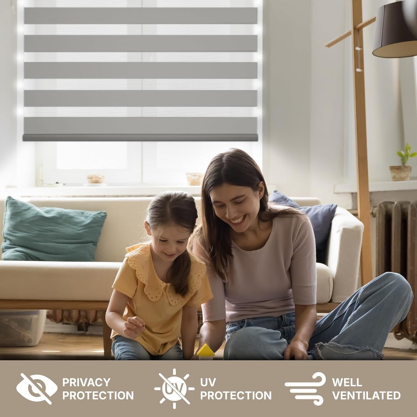 HESTIA Cordless Zebra Blinds Light Filtering Roller Shades UV Blocking Blackout Privacy Indoor Window Blind for Home Office Day and Night, Blue Grey,29" W x 60" H