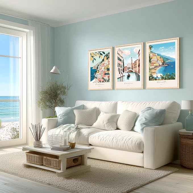 Cyebmo Italy Travel Wall Art, Amalfi Coast Landscape Wall Decor, Blue Venice Coast Canvas Artwork, Italian Modern City Aesthetic Picture for Living Room Bedroom Bathroom Wood Framed 12"x16"x3