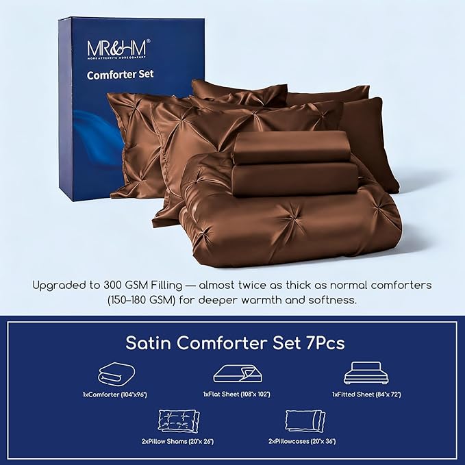 MR&HM Satin Comforter California King 7 Pieces Brown - Luxurious Pinch Pleat Bedding Set with Comforter, Flat Sheet, Fitted Sheet, Pillowcases & Shams, Super Silky Soft Bed Set for All Season
