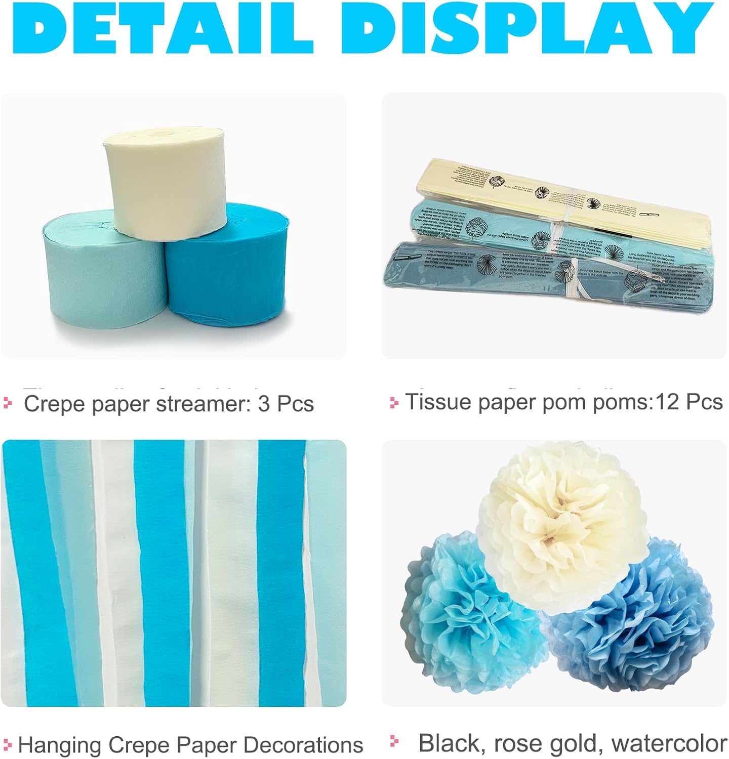 Blue Party Streamers Decorations Paper Pom Poms Fringe Backdrop for Wedding Decor, Birthday, Bachelorette, Baby Shower, Party Backdrop