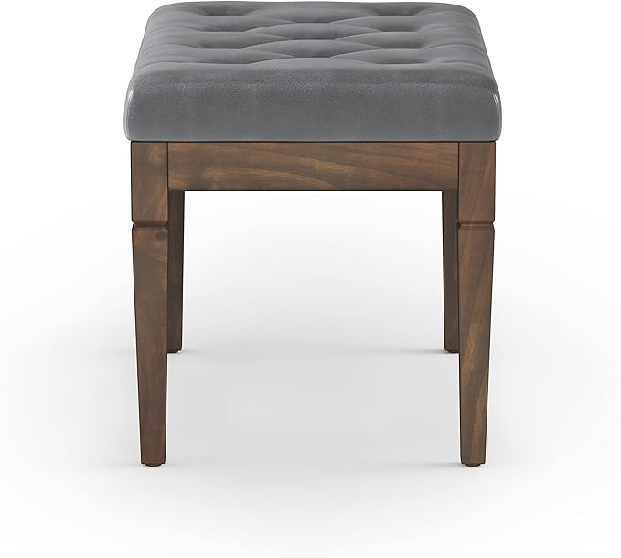 SIMPLIHOME Waverly Small Tufted Ottoman Bench - 28 inch Wide Upholstered Vegan Leather Rectangle Footstool Ottoman in Stone Grey, Traditional Bench for Bedroom or Living Room with Carved Legs