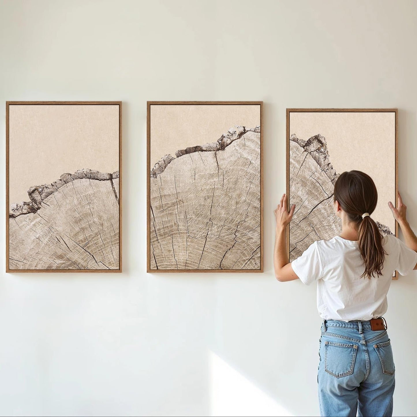 SIGNINART Large Tree Ring Framed Canvas Wall Art Set, Rustic Beige Nature Wooden Wall Decor, Neutral Wood Stump Artwork, Modern Art Prints for Bedroom Living Room Office 16"x24"x3