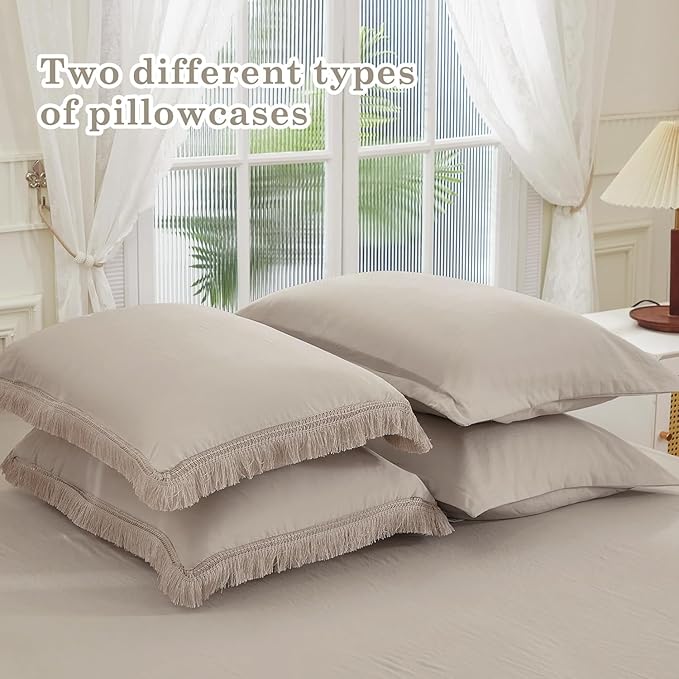 Andency Oversized King Comforter Set with Sheets 128x120 Wheat - 7 Pieces Bed in a Bag Boho Soft Lightweight Bedding Sets, Tassel Bed Set with Comforter, Sheets, Pillowcases & Shams