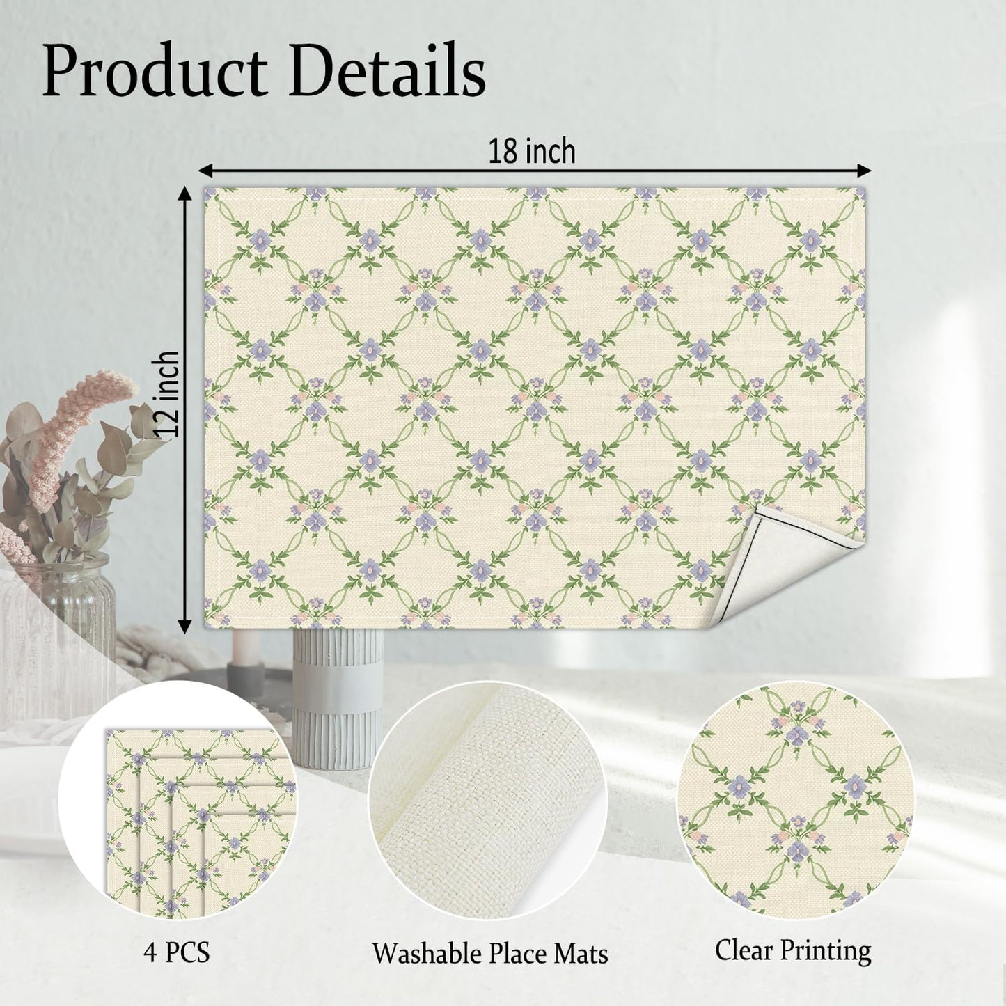 Floral Placemats Set of 4, Greenery Table Mat for Home Kitchen, Restaurants, Outdoor Linen Washable Place Mats 12x18 inch Party Event Dining Decoration-02