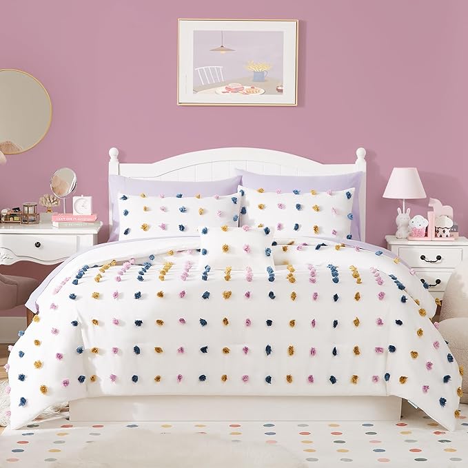 Geniospin Full Comforter Set, 7 Pieces Ball Pom Comforter Sets, Colored Pom Bed in a Bag Full, All Season Down Alternative Bedding Set, Lightweight, Warm and Breathable