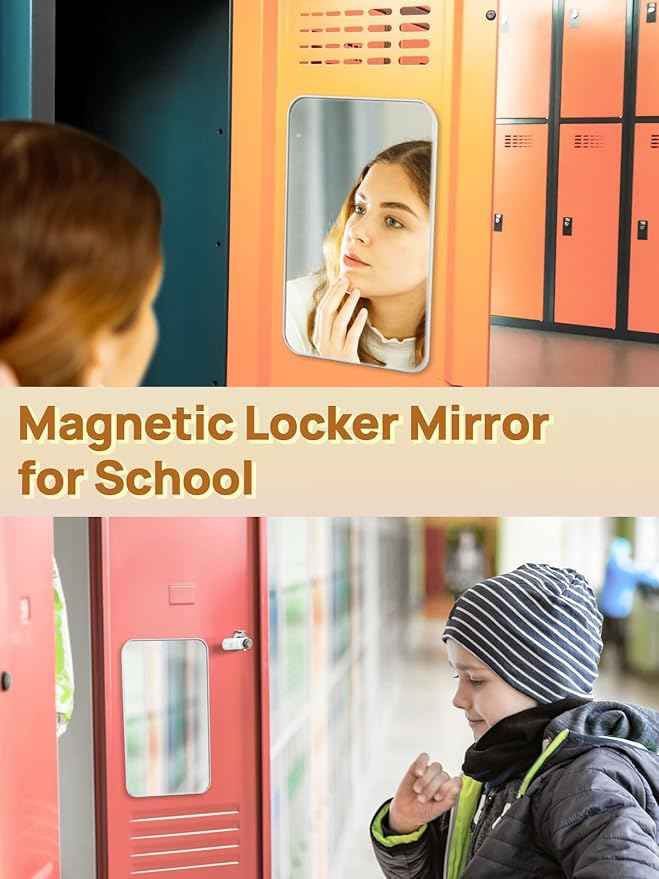 OMIRO Magnetic Locker Mirror, 10 x 7 inches Desk Makeup Mirror with Adjustable Stand and Hanging Hole for Shaving and Traveling, Strong Magnets for Secure Attachment,White