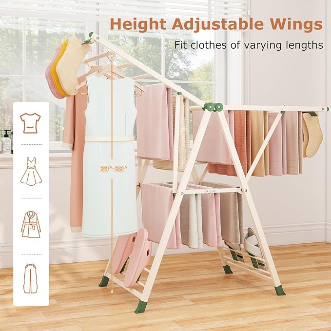 Giantex Clothes Drying Rack, Foldable Metal Laundry Drying Rack with Height Adjustable Wings, 16 Drying Rails, Sock Clips & Shoe Racks, Freestanding Clothing Stand for Indoor & Outdoor, Beige