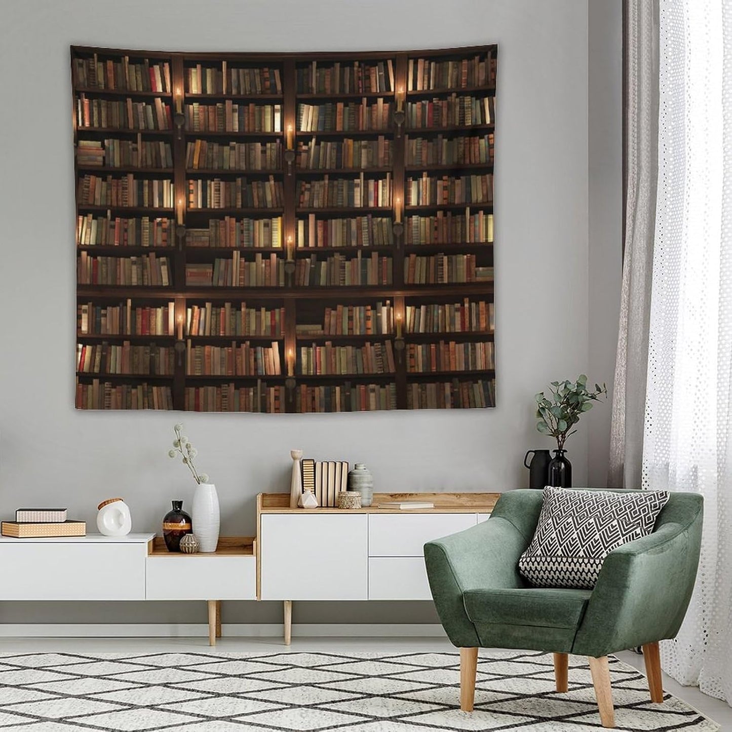 Kurtect Bookshelf Tapestry,Retro Library Bookcase Antique Mid Century Pattern Print Tapestries for Party Beach Picnic Blankets Tablecloths Living Room Wall Deocr, 50x60 in