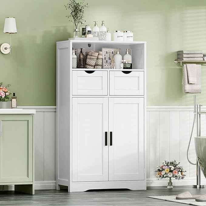 Iwell Bathroom Cabinet with Doors and Drawers, Freestanding Bathroom Storage Cabinet, Adjustable Shelves, for Living Room, Kitchen, Home Office, White