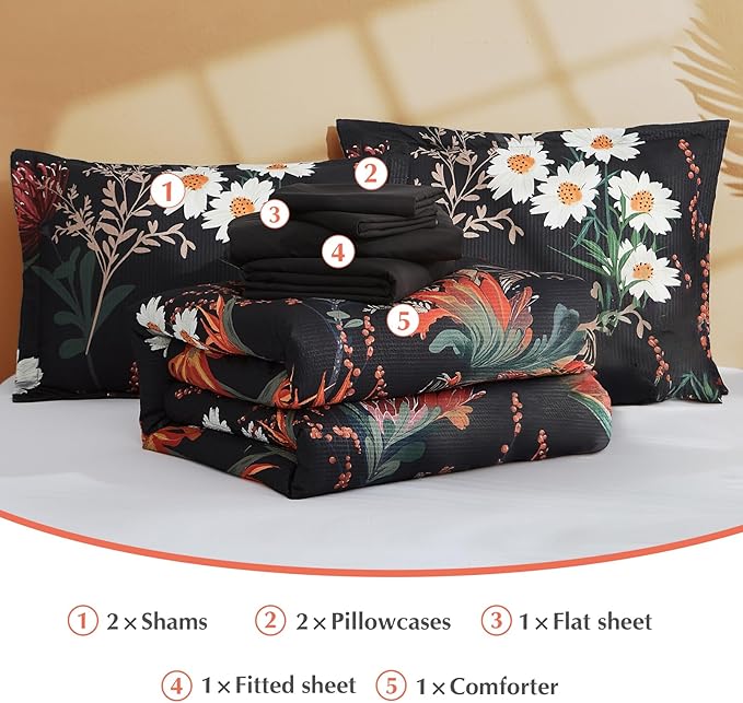 CASAAGUSTO Full Comforter Set, 7 PCS Black Shore Floral Comforter Set with Flowers Leaves Pattern, Soft Seersucker Design All Season Queen Size Bedding Set with Decor Pillow (80"X90")