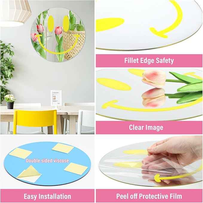 DARENYI Yellow Preppy Mirror Circle, 12 inch Smiling Face Aesthetic Mirror for Teen Girls Preppy Room Wall Decor