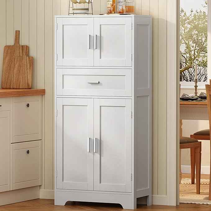 TEENFON Bathroom Storage Cabinet with Adjustable Shelf & Large Drawer, Tall Storage Cabinet with 4 Doors, Kitchen Pantry Storage Cabinets, for Living Room, Dining Room, Home Office, Entryway, White