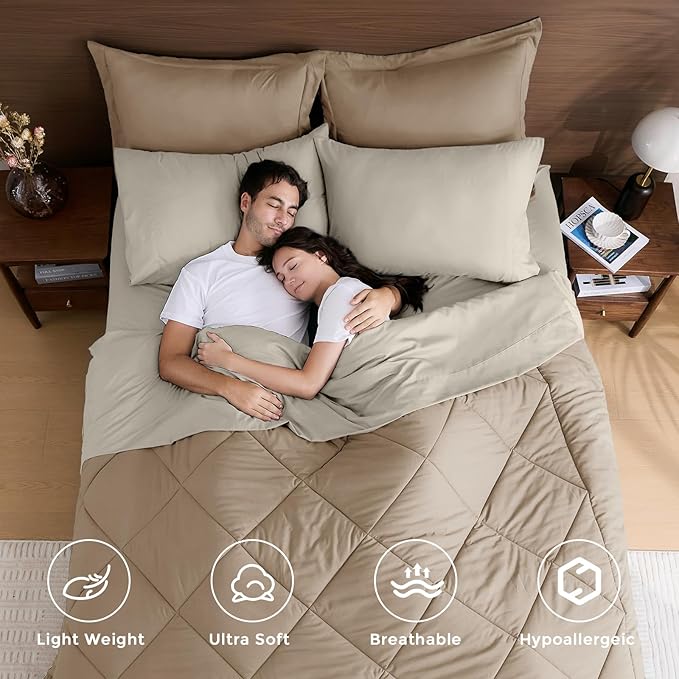 HEVUMYI Khaki & Linen Full Comforter Set - 7-Piece All Season Bed in a Bag Full, Ultra Soft Bedding Set with Comforter, Flat Sheet, Fitted Sheet, Pillowcases, Pillow Shams