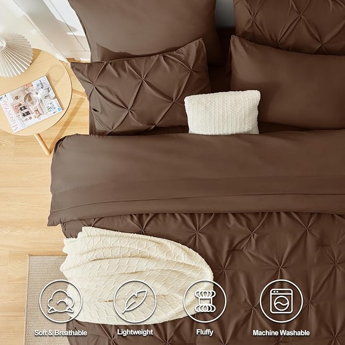 CozyLux Full Size Comforter Sets Brown, 7 Pieces Pintuck Bed in A Bag Brown Comforter Full Size, Pinch Pleat Bedding Sets with All Season Comforter, Sheets, Pillowcases & Shams