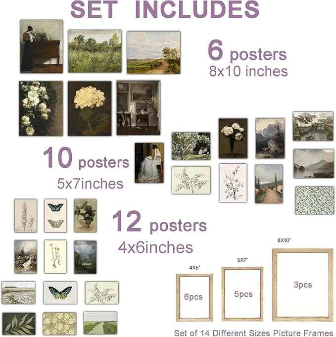 28 PCS Country Botanical Floral Gallery Wall Art， Vintage Posters For Room Aesthetic,Sage Green Wall Art Decor， Moody Art Vintage Painting Antique Pictures Set For Home Bedroom(Black Frame)