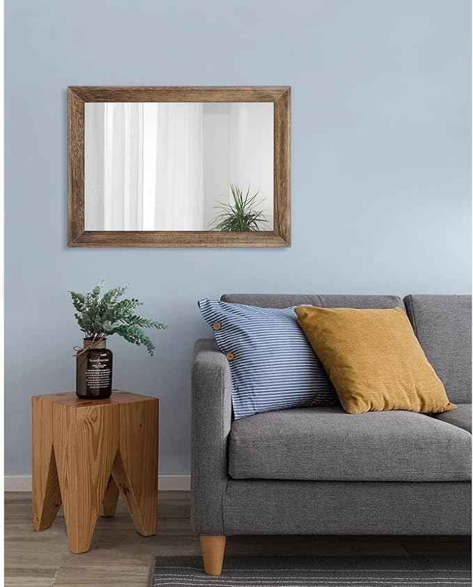 AAZZKANG Rustic Wood Mirror Rectangle Decorative Wall Mirrors with Frame Large 20"x16"for Bedroom Living Room Bathroom Entryway Hanging Brown
