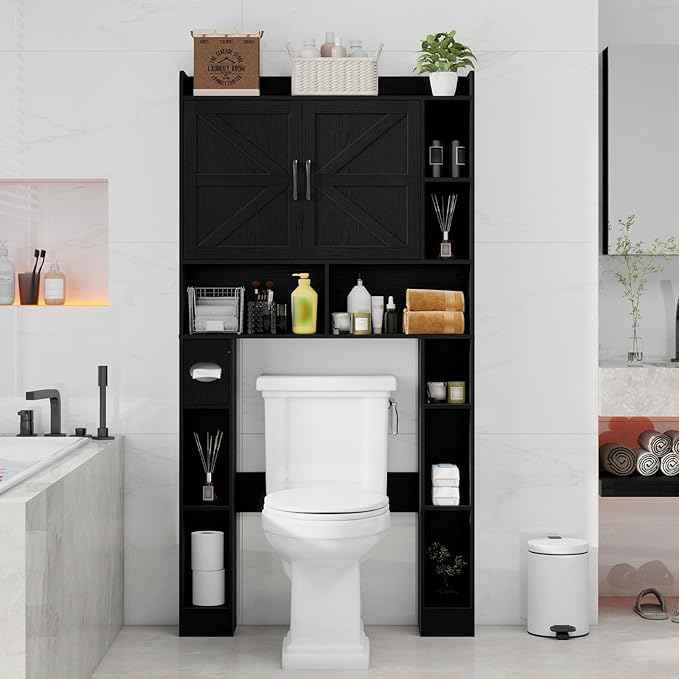 Vabches Over The Toilet Cabinet, Double Doors Bathroom Shelf Organizer with Toilet Paper Holder Stand and Open Storage Shelf, Small Freestanding Space Saver for Restroom, Bathroom, Laundry, Black