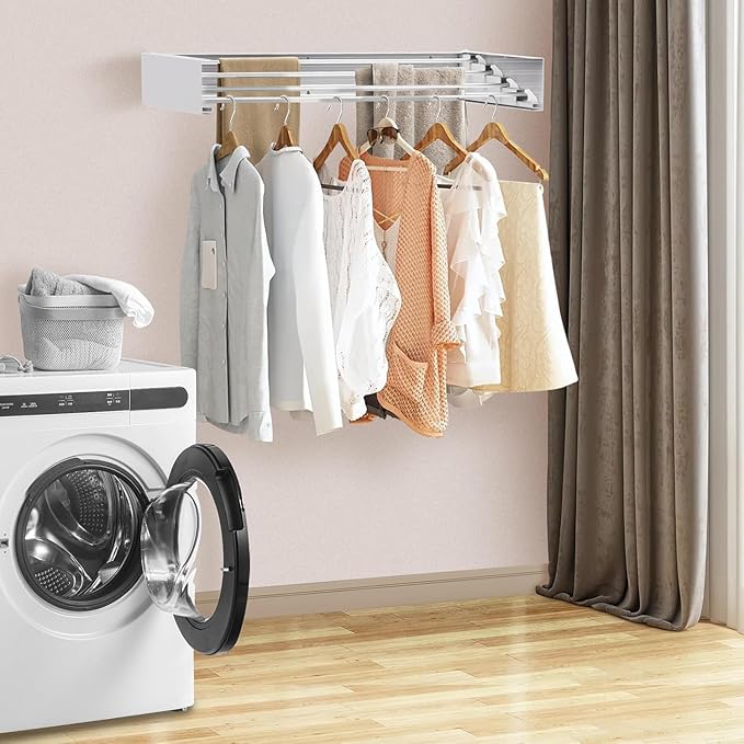 Laundry Drying Rack Collapsible,Wall Mounted Clothes Drying Rack Foldable,Indoor Drying Rack Clothing- 23.6"" Wide 4 Aluminum Rods 60lb Capacity with Wall Template,Screw,Drill Bit