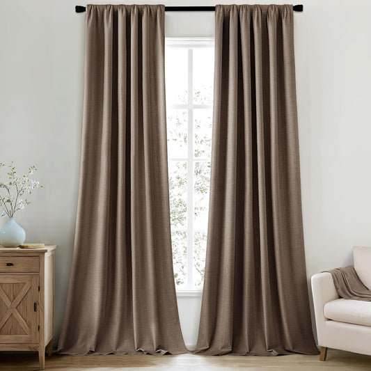 MIULEE 100% Blackout Curtains 108 Inch Long 2 Panels Set for Bedroom, Thick Faux Linen Black Out Curtain Room Darkening Back Tab Pleat Window Textured Drapes with Hooks for Living Room, Dutch Cocoa