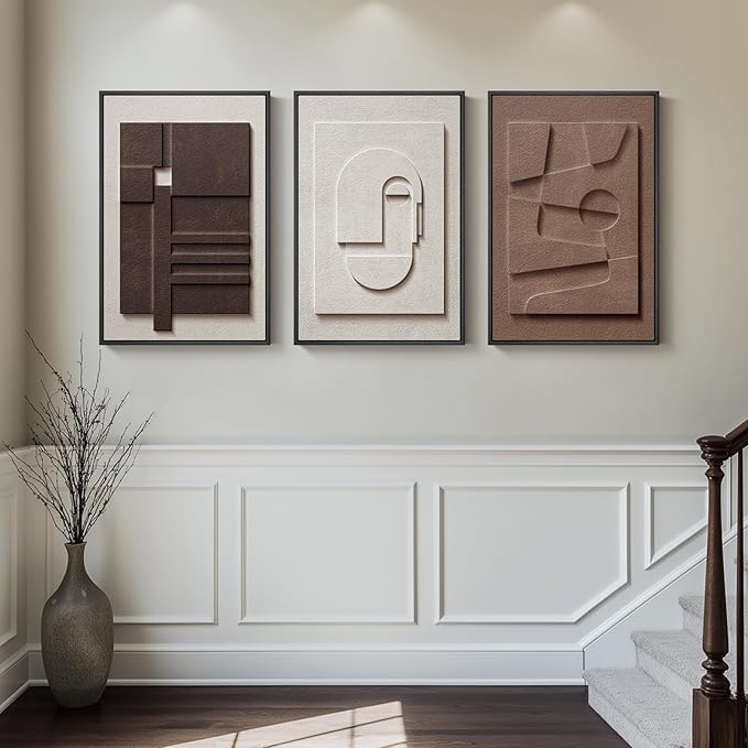 3D Textured Framed Neutral Abstract Wall Art for Bedroom, 3 Piece Modern Artwork for Walls, Minimalist White and Brown Geometric Wall Paintings for Living Room, Dining Room, Lounge Wall Decor 16x24 In