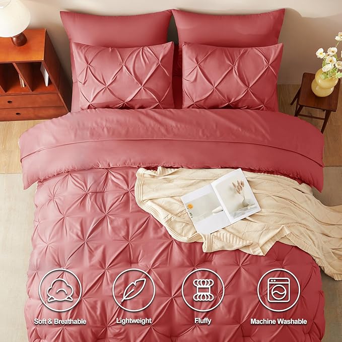 CozyLux King Size Comforter Set Coral, 7 Pieces Pintuck Bed in A Bag Coral Comforter King Size, Pinch Pleat Bedding Set with All Season Comforter, Flat Sheet, Fitted Sheet, Pillowcases & Shams