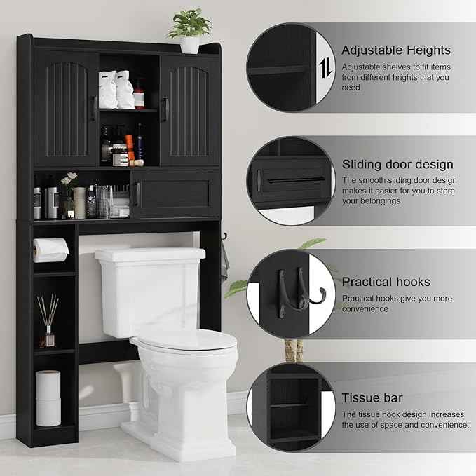 Vabches Farmhouse Over The Toilet Storage Cabinet with 2 Barn Doors & Sliding Door, Over The Toilet Bathroom Organizer with Open Storage Layer and Adjustable Shelves & Hooks.Black