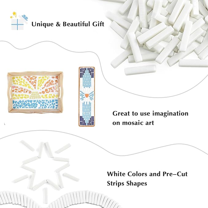 Youway Style White Mosaic Tiles for Crafts Bulk,150g Strips Shapes Mosaic Glass Pieces,Glass Mosaic Garden Craft Kit