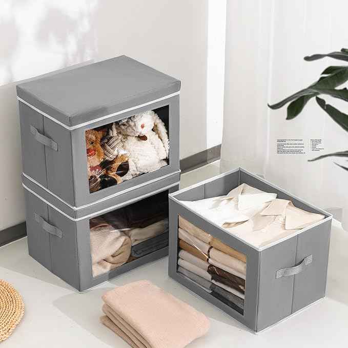 Stackable Storage Bins with Lids - Large Decorative Basket with Lids, Fabric Foldable Closet Organizer Bins, Shelf Organizer for Living Room, Dorm, 5 Pack, Grey