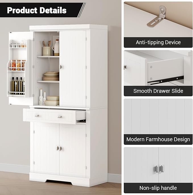 72" Tall Kitchen Pantry Cabinet with 6 Door Shelves, 2 Cabinets & 4 Adjustable Shelves, Freestanding Storage Cabinet for Kitchen, Living Room, Dining Room, White