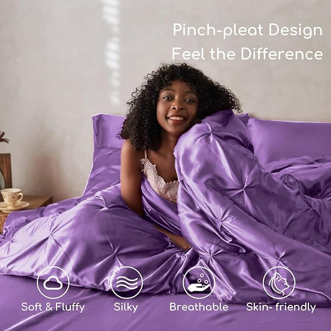 MR&HM Satin Comforter California King 7 Pieces Lavender - Luxurious Pinch Pleat Bedding Set with Comforter, Flat Sheet, Fitted Sheet, Pillowcases & Shams, Super Silky Soft Bed Set for All Season