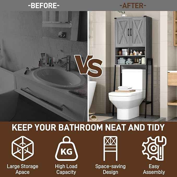 Vabches Over The Toilet Storage Cabinet, Farmhouse Over Toilet Storage Cabinet, Metal Frame with 2 Barn Doors, Home Space-Saving Toilet Rack for Bathroom, Toilet, Laundry Room.