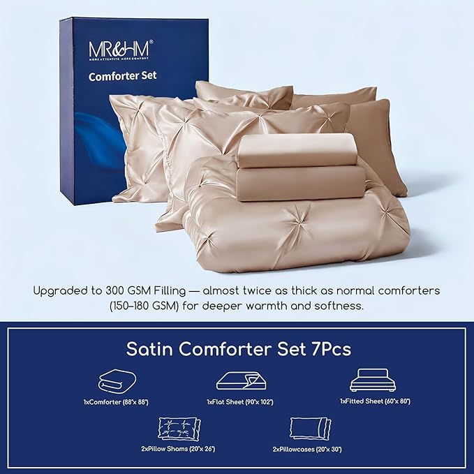 MR&HM Satin Comforter Queen 7 Pieces - Luxurious Pinch Pleat Bedding Set with Comforter, Flat Sheet, Fitted Sheet, Pillowcases & Shams, Super Silky Soft Bed Set for All Season (Queen, Champagne)