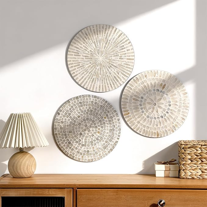 Tioncy 3 Pcs 11.8 Inches Mother of Pearl Shell Plate Coastal Wall Art Mosaic Wall Sculpture Shell Handmade Hanging Plates Arts for Halloween Christmas Bedroom Bathroom Home Office Hotel(White)