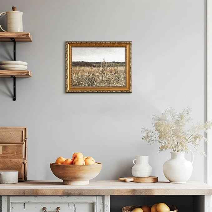 uniro Vintage Gold Framed Wall Art for Home Decor, Farmhouse Wall Decor Wildflower Field Landscape Canvas Artwork, Antique Landscape Oil Painting for Bedroom Wall Decor, Rustic Country Aesthetic Picture for Bathroom, Living Room, Desktop Decor - 12x16Inch
