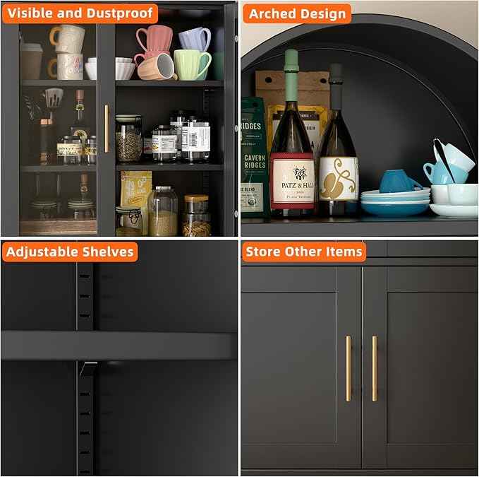 Metal Arched Bookcase Cabinet with 4 Doors,Arched Kitchen Pantry Cabinet for Home Office Living Room,Required Assembly,Black