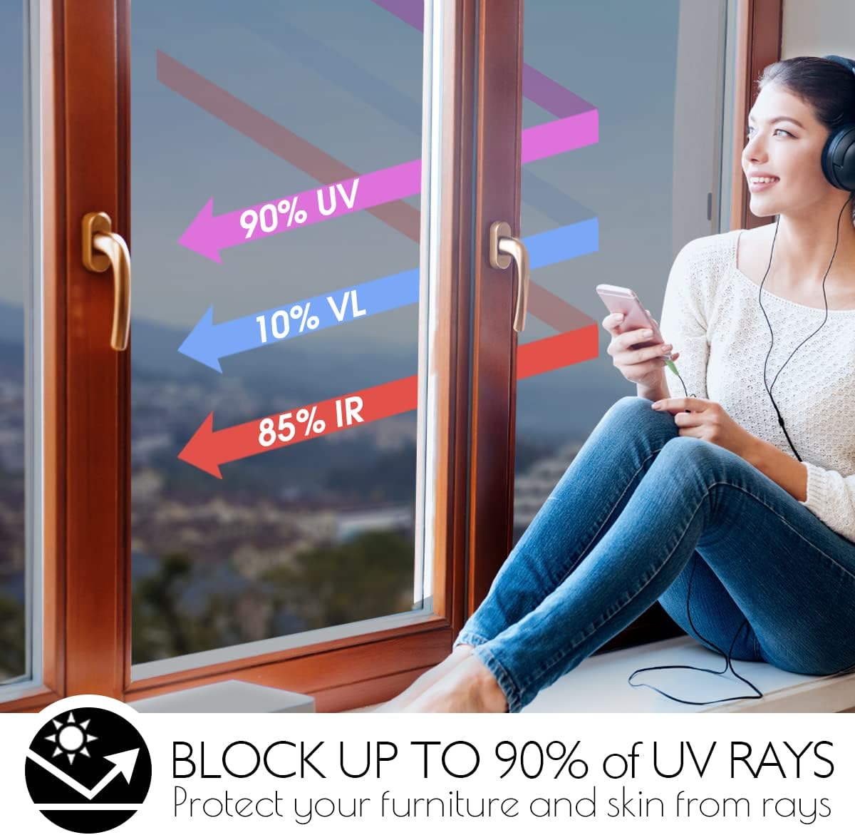 HIDBEA One Way Privacy Window Film, Daytime Mirror Reflective Heat Control UV Sun Blocking Non-Adhesive Static Cling Window Tint for Home and Office(Black-Silver, 45.2 Inch x 13.1 Feet)