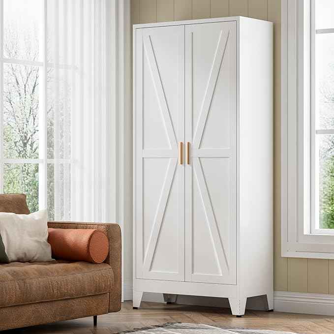 COFaR 5 Tier Metal Farmhouse Storage Cabinet with 2 Barn Door, 4 Adjustable Shelves and Legs, for Kitchen, Dining Room, Bathroom, Living Room, Office