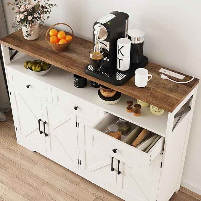 Farmhouse Buffet Cabinet with Drawers & Open Shelf, Sideboard Storage Cabinet, Kitchen Hutch Pantry, Wood Coffee Bar Station for Kitchen, Living Room, Hallway, 52" L White