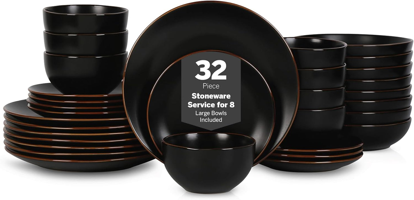 Stone Lain Brasa Stoneware 32 Piece Dinnerware, Plates and Bowls Sets for 8, Black, Glossy Rustic-Chic Design, Microwave & Dishwasher Safe