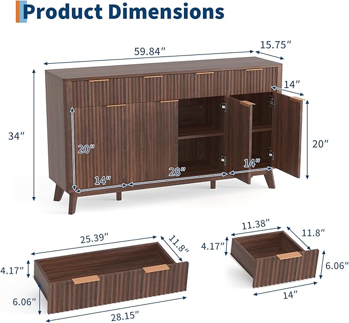 IDEALHOUSE 60" Large Farmhouse Sideboard Buffet Cabinet with Storage Drawers & Adjustable Shelves, Wood Fluted Buffet Storage Cabinet & Coffee Bar Console Table for Living Room & Kitchen Dining Room