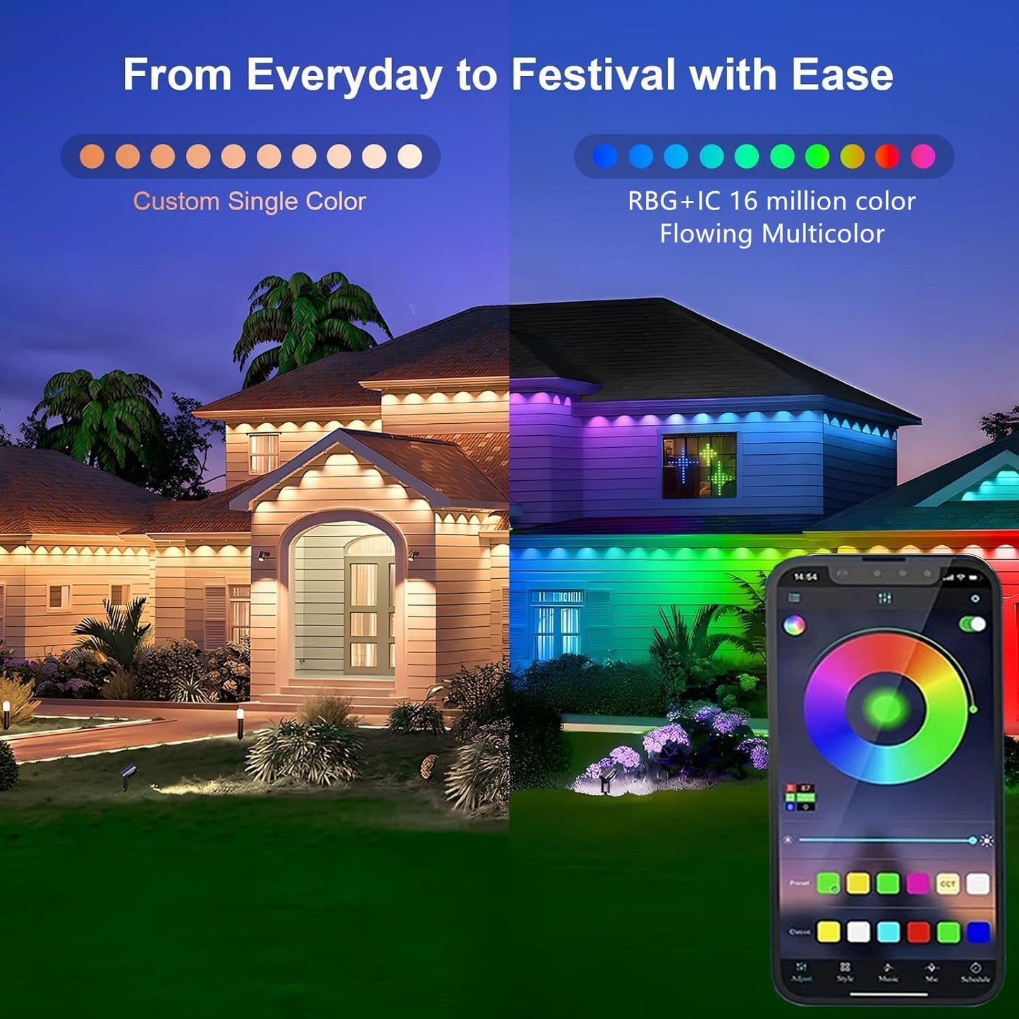 Permanent Outdoor Lights,50ft RGB + IC Smart LED Eaves Lights with App & Remote Control, IP67 Waterproof,for Christmas and All Holiday Decor,Daily and Accent Lighting,House Roof and Garden Lighting