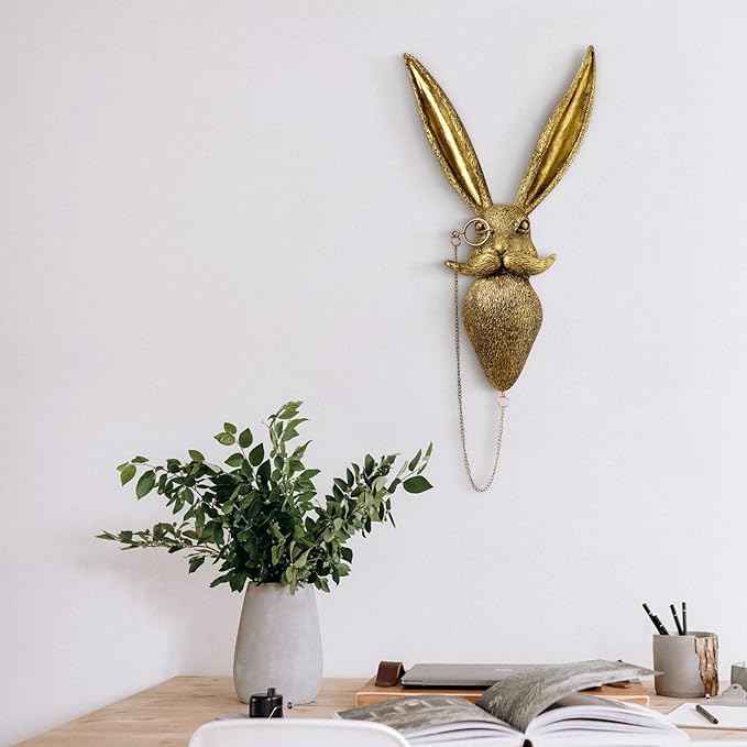 montresor Animal Head Wall Art Sculptures PU Foam Material (NOT RESIN) 16 inchs Gold Rabbit Wall Decor Art for Whimsigoth Home Wall Decor Lightweight Accent Wall Hanging Room Decor