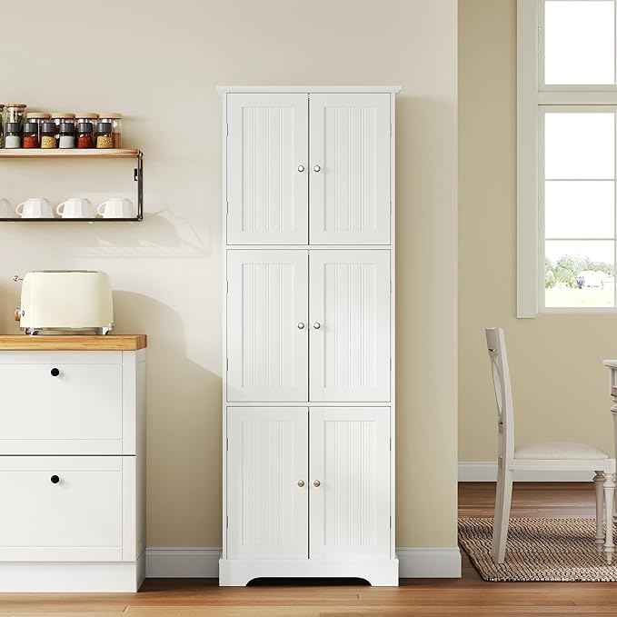ChooChoo Tall Bathroom Storage Cabinet with 6 Doors, Freestanding Floor Cabinet with Adjustable Shelves, White Pantry Cabinet for Bathroom, Kitchen, Laundry Room