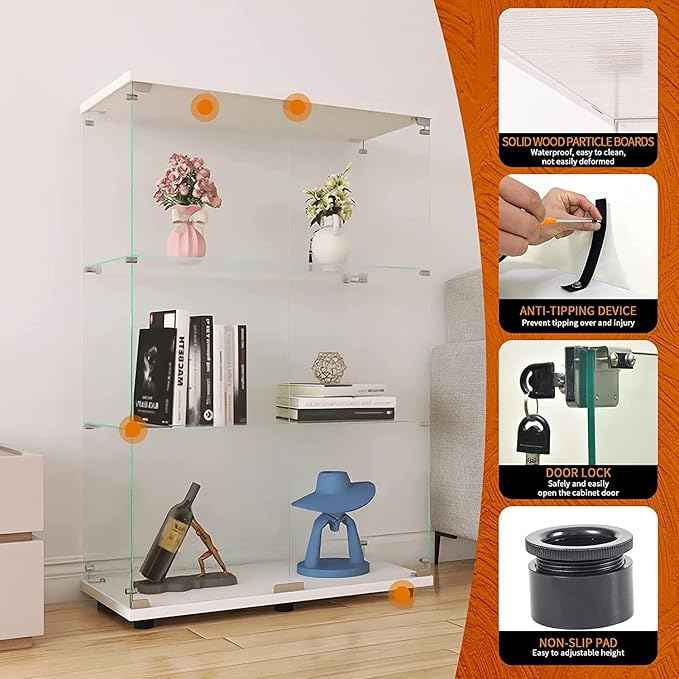 Beauty4U 2-Door Glass Display Cabinet, White Curio Cabinets for Living Room, Bedroom, Office, Collection Display, Quick Installation in 30 Mins, 3 Shelves White Floor Standing Glass Bookshelf