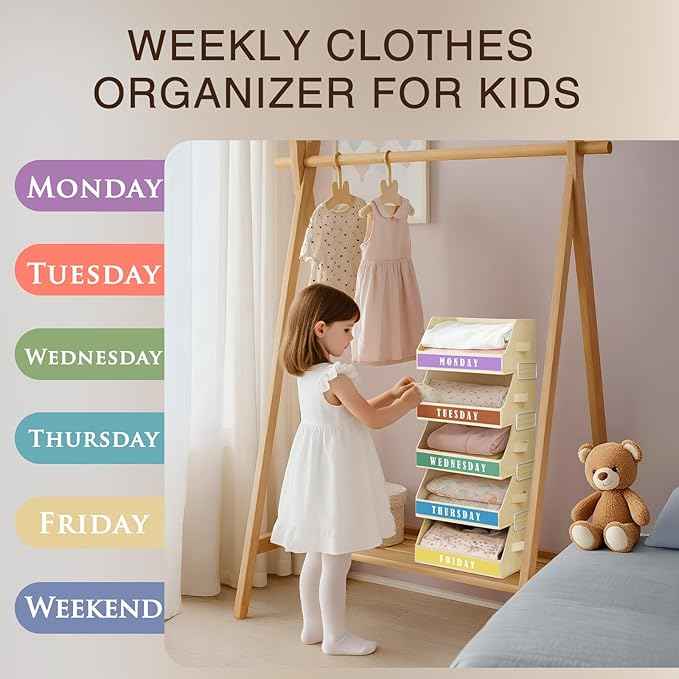 Closet Organizers and Storage - 5 Tier Shelf Organizer wiht Weekly Labels, Stackable Storage Bins with Metal Frame, Grey & Beige