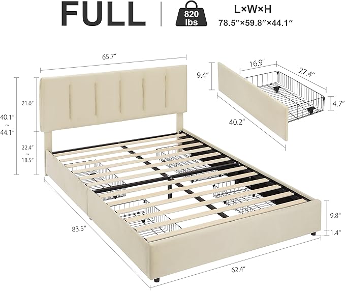 VECELO Full Size Bed Frame with 4 Storage Drawers, Adjustable Height Headboard, Heavy-Duty Platform Bedframe with Strong Wooden Slats, No Box Spring Needed, Pale Beige