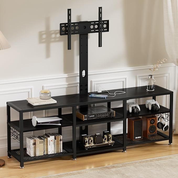 VECELO TV Stand with Mount and Power Outlets, Entertainment Center for 60/65/70/75/80 inch TVs, Height Adjustable Media Console with Storage Shelves, for Living Room, Bedroom, Black