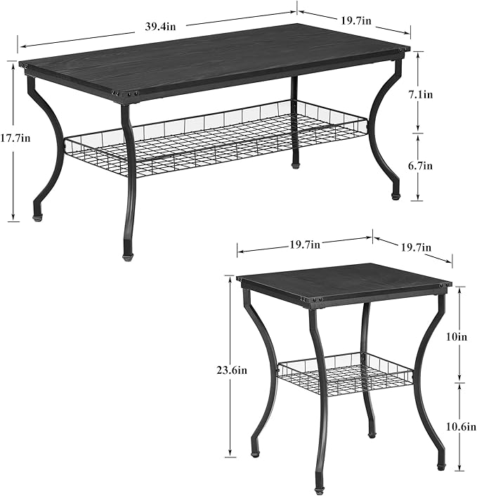 VECELO 3 Pieces Living Room Table Sets, Coffee and End Tables with Open Storage Shelves for Apartment, Home Office, Small Space, Easy Assembly, Black