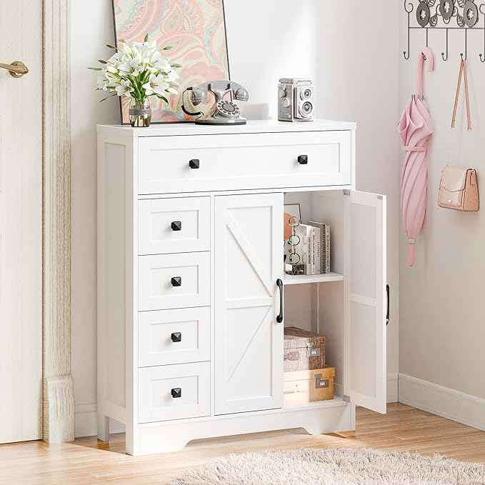 Vabches Farmhouse Storage Cabinet with 2 Doors and 5 Drawers, Freestanding Bathroom Cabinets Kitchen Pantry, Floor Storage Cabinet Hutch Cupboard for Living Room/Bathroom/Kitchen.White