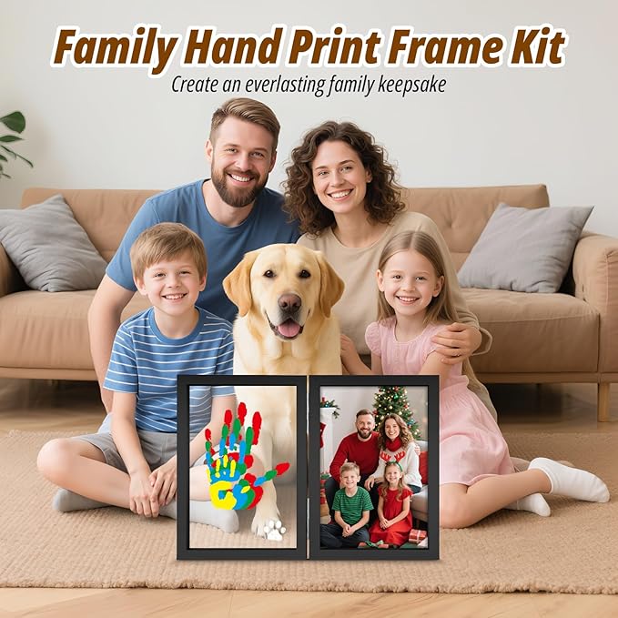 Family Handprint Kit with Light, 5 Non-Toxic Paints, Hand Prints Ornament Keepsake Frame for 4, DIY Craft Gift for New Parents & Mom & Baby, Grandparents, Mother's Day, Father's Day